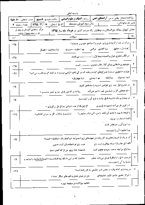 سوالات و پاسخ تشریحی امتحان نهایی درس آرایه های ادبی سوم دبیرستان رشته علوم انسانی| خرداد 1395