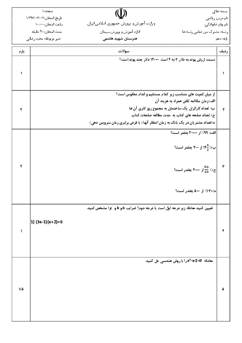 آزمون نوبت دوم ریاضی (1) پایه دهم هنرستان شهید هاشمی | خرداد 1396 + پاسخ