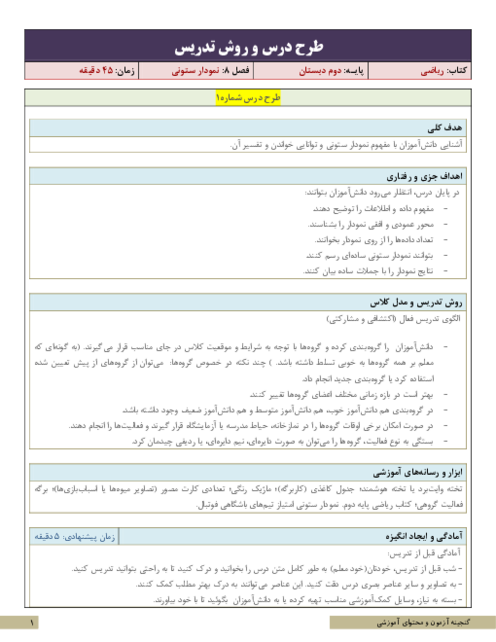 نکات آموزشی، روش تدریس و طرح درس ریاضی دوم | فصل 8: نمودار ستونی