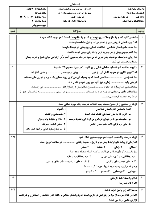آزمون ترم اول تاریخ دهم دبیرستان طوبی دیماه 1404