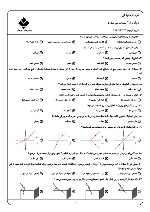 سوالات تستی علوم تجربی هشتم مدرسه نیک پرور | فصل 14: نور و ویژگی های آن