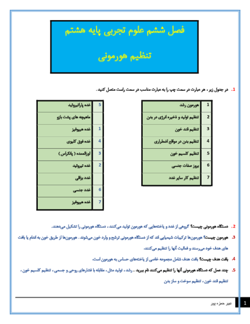 سوالات متن درس علوم تجربی هشتم با جواب | فصل 6: تنظیم هورمونی