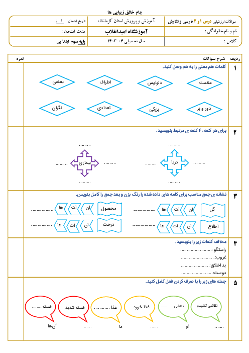 آزمون مداد کاغذی فصل 1 فارسی و نگارش پایه سوم | نهادها
