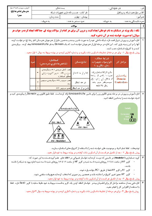 سوالات عملی پودمان چهارم: مدیریت متمرکز منابع شبکه | نصب و نگهداری تجهیزات شبکه و سخت افزار