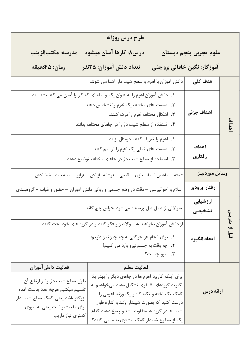 طرح درس روزانه علوم تجربی پنجم دبستان | درس 8: کارها آسان می‌شود (1)