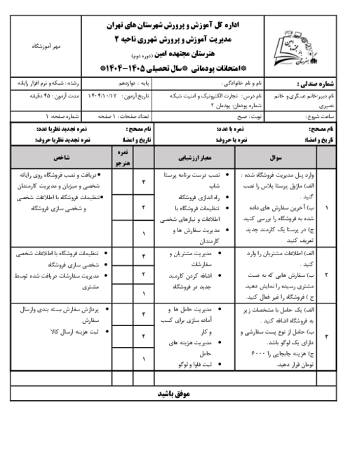 امتحان عملی پودمان 2: توسعه کار و کسب الکترونیکی | درس تجارت الکترونیک و امنیت شبکه