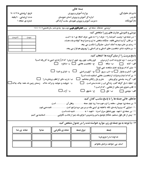 سوالات هماهنگ منطقه‌ای دشت آزادگان خرداد 1404 درس انشا و نگارش پایه ششم 