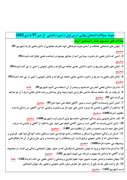 نمونه سوالات ادوار گذشته امتحانات نهایی جامعه شناسی دوازدهم انسانی از دی 1397 تا دی 1402 