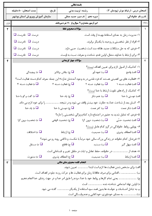 آزمون پودمانی ارتباط مؤثر دهم هنرستان | فصل سوم: ارتباط مؤثّر با خدا، خلقت و جامعه