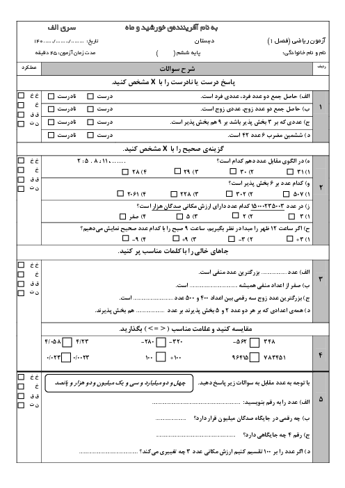  آزمون فصل اول ریاضی ششم دبستان شهید بهشتی دشتستان
