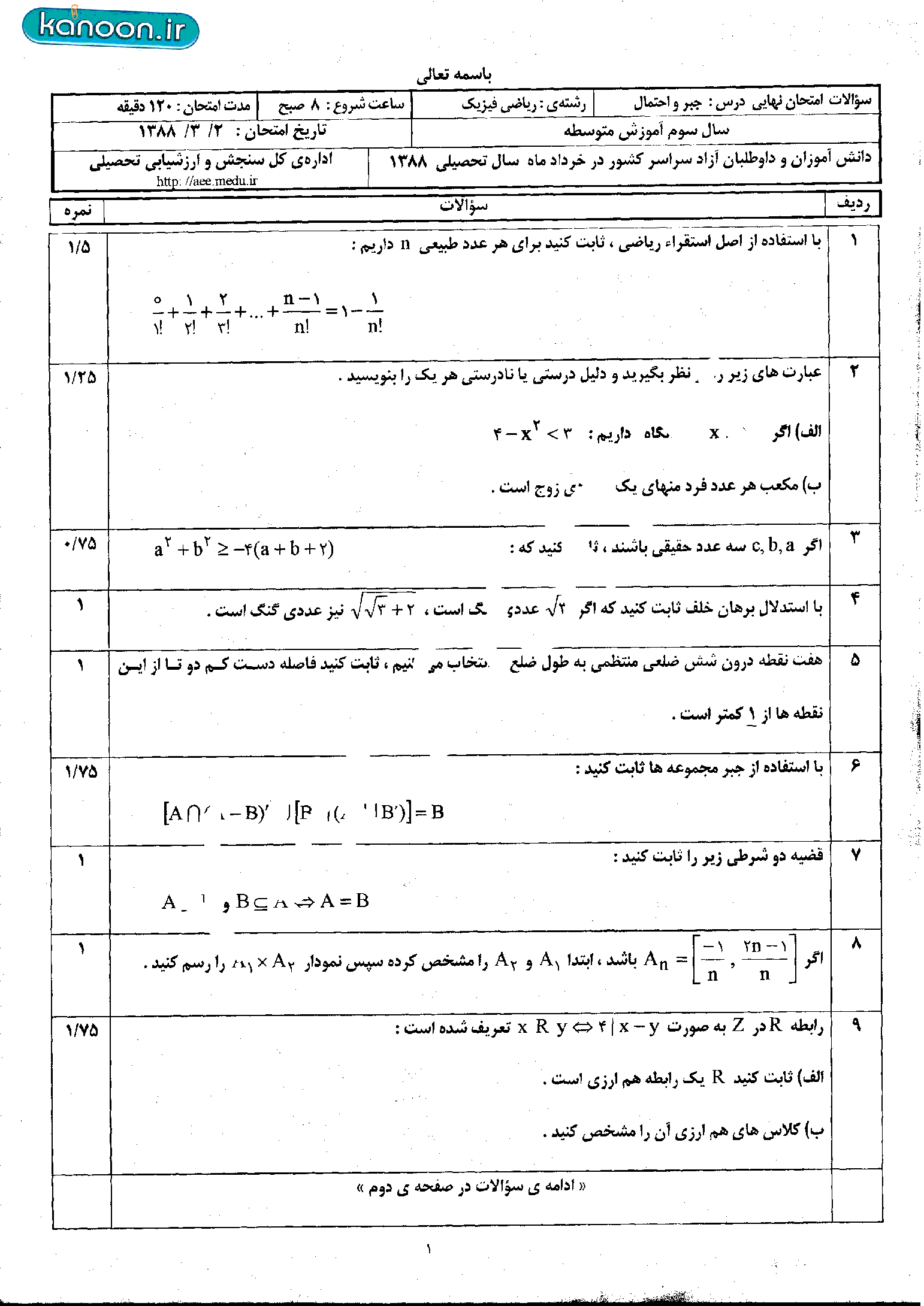 سوالات امتحان نهایی جبر و احتمال-خرداد 1388