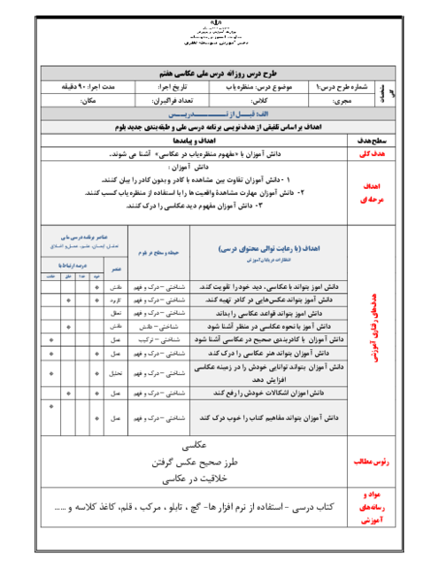 طرح درس روزانه منظره یاب | بخش عکاسی کتاب فرهنگ و هنر پایه هفتم