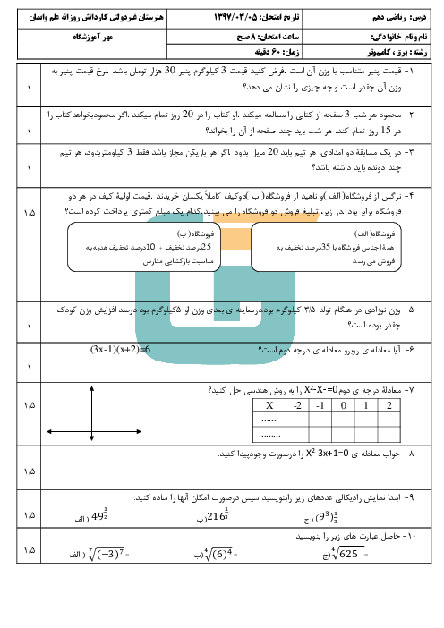 آزمون نوبت دوم ریاضی (1) دهم هنرستان علم و ايمان | خرداد 1397