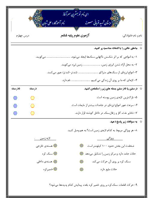 آزمون علوم تجربی ششم دبستان شهید قربانی | درس 4: سفر به اعماق زمین