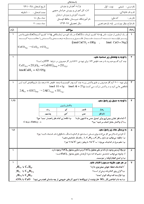 آزمون نیمسال اول شیمی (2) یازدهم دبیرستان حافظ | دیماه 96
