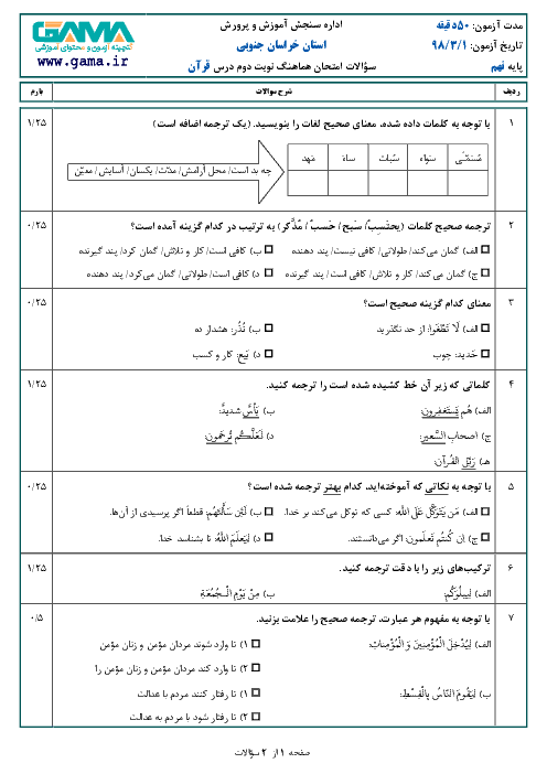 سؤالات امتحان هماهنگ استانی نوبت دوم قرآن پایه نهم استان خراسان جنوبی | خرداد 1398 + پاسخ