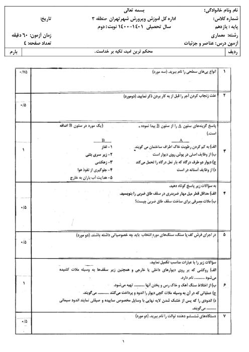 سوالات آزمون نوبت دوم عناصر و جزییات یازدهم هنرستان فنی جواهری | خرداد 1401