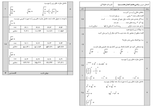 آزمونک فصل 7 ریاضی هفتم؛ توان و جذر
