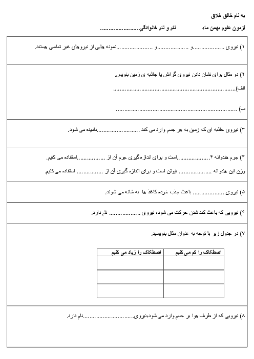 ارزشیابی علوم تجربی ششم دبستان امام صادق اصفهان | درس 7 تا 9