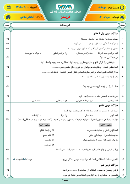 سوالات آزمون نوبت دوم آمادگی دفاعی نهم هماهنگ استان خوزستان | خرداد 1401