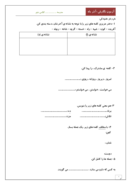 آزمون نگارش دوم دبستان ولی عصر کاشان | فصل 3: اخلاق فردی و اجتماعی