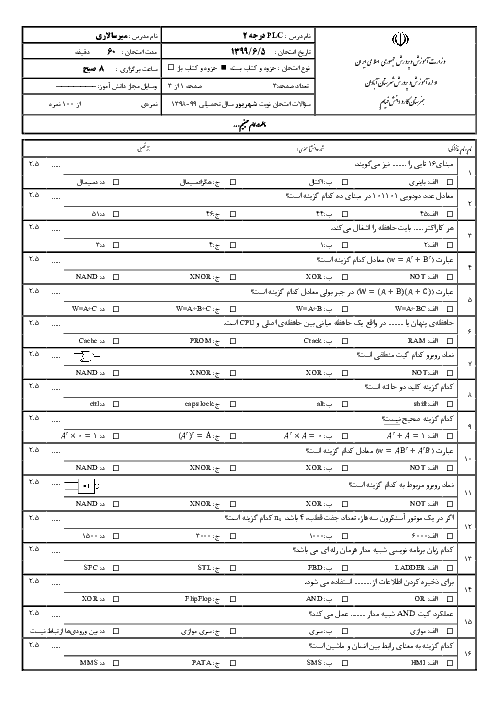 آزمون جبرانی تابستان کارور PLC درجه 2 یازدهم هنرستان خیام | شهریور 1399