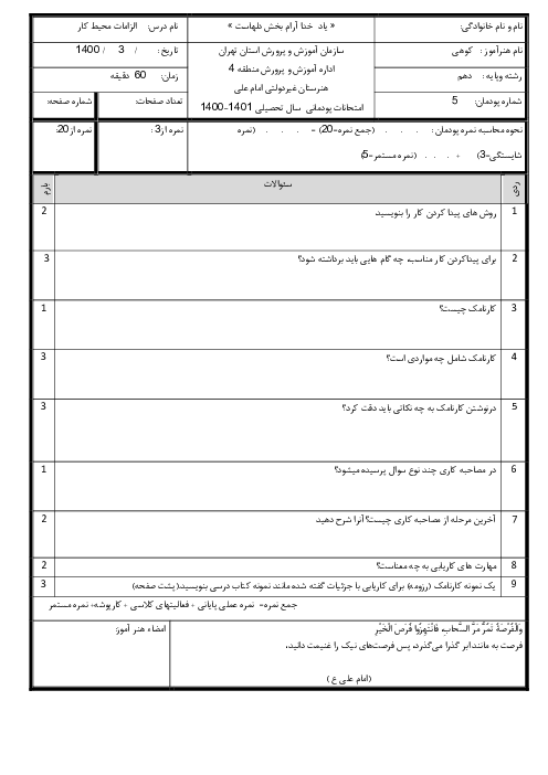 امتحان پودمانی الزامات محیط کار دهم هنرستان فنی علی (ع) | پودمان 5: مهارت کاریابی