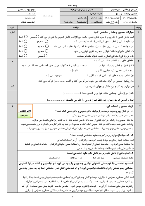 سوالات آزمون نوبت اول جامعه شناسی (3) دوازدهم دبیرستان نور دانش | دی 1400