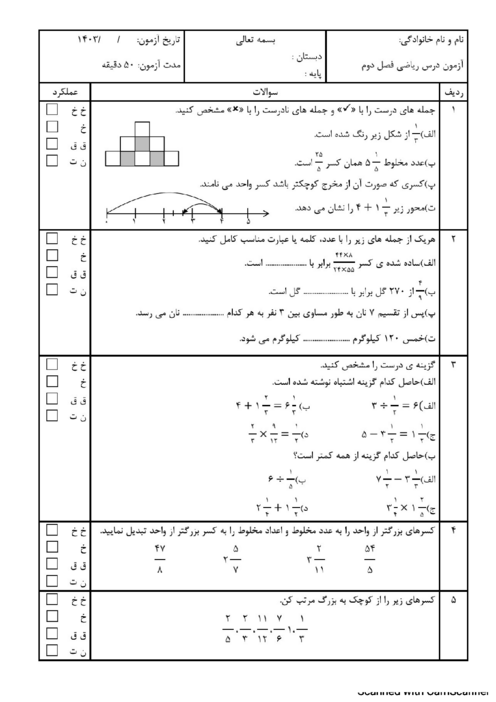 آزمون فصل دوم ریاضی پنجم ابتدائی: کسر