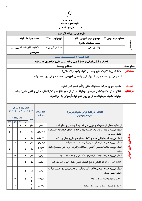 طرح درس روزانه توسعه مهارت‌های رزمی، هدفی یازدهم هنرستان | پودمان 5: تکواندو (دفاع وسط مومتونگ ماکی)