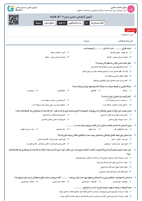 آزمون آزمایشی تستی درس 9: آغاز فلسفه