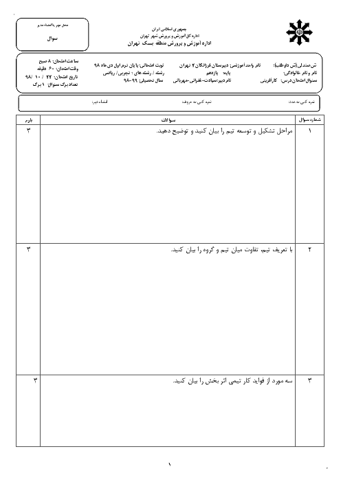 امتحان ترم اول کارگاه کارآفرینی و تولید یازدهم دبیرستان فرزانگان 2 تهران | دی 98