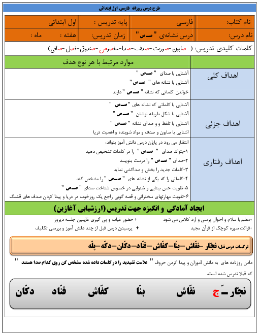 طرح درس روزانه فارسی اول دبستان | درس 17: نشانه‌ی ”صـ ص“ 