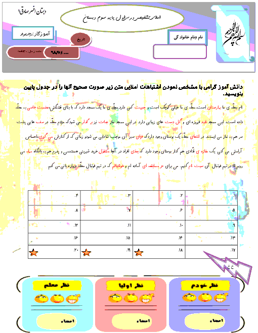 املای تشخیصی فارسی سوم دبستان | درس 1: محلهّ‌ی ما