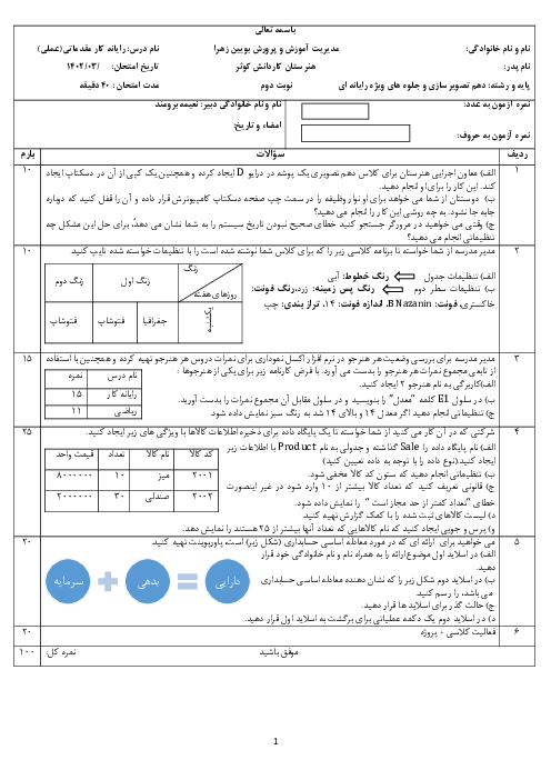 آزمون عملی ترم دوم رایانه کار مقدماتی هنرستان کاردانش کوثر | خرداد 1402