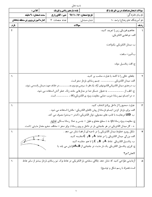 سوالات امتحان نوبت اول فیزیک (2) پایه یازدهم رشته ریاضی | دبیرستان امام رضا (ع) واحد 10 منطقه تبادکان