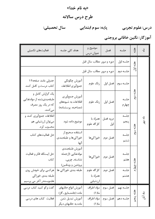 طرح درس سالانه علوم تجربی سوم  | درس 1 تا 14