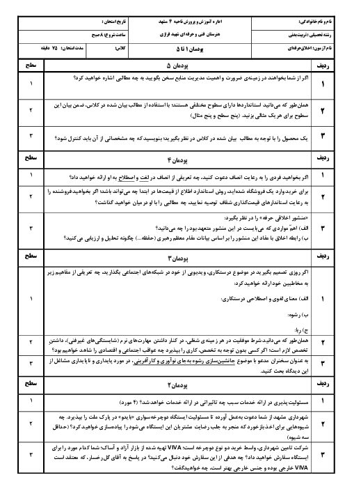 نمونه سوال نوبت شهریور 1404 اخلاق حرفه‌ای (پودمان 1 تا 5)