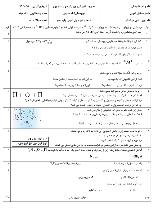 نمونه سوالات امتحانی نوبت اول شیمی دهم دبیرستان امام خمینی دی 1399