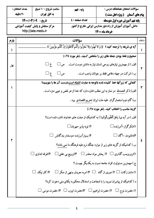 سوالات آزمون نوبت دوم پیام‌های آسمان (اهل سنت) نهم هماهنگ مدارس خارج از کشور | خرداد 1400 (نوبت صبح)