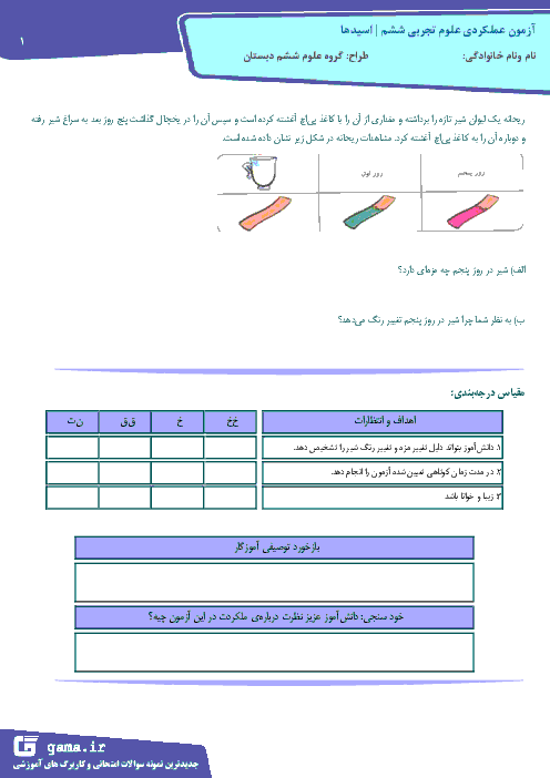 آزمون عملکردی علوم تجربی ششم  دبستان | آشنایی با اسیدها