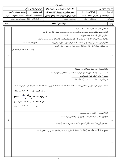 سوالات آزمون نوبت دوم ریاضی و آمار (2) یازدهم دبیرستان شهیدان عبدالهی | خرداد 1400