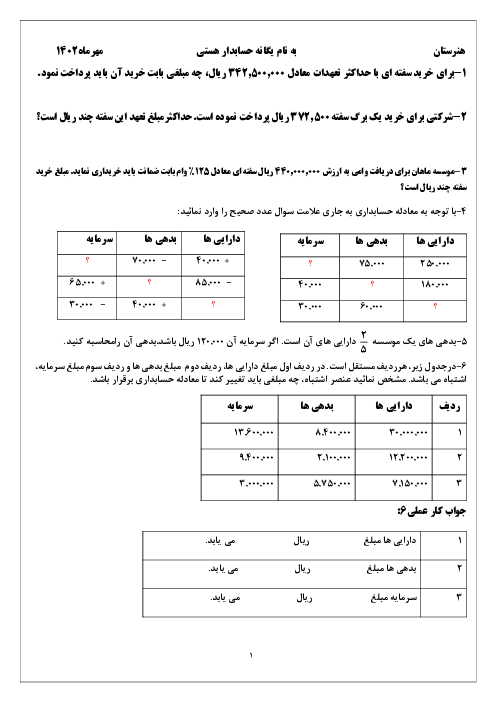 نمونه سوالات پودمان 1 و 2 درس وجوه نقد و تحریر دفاتر قانونی | حسابداری پرداخت ها و دریافت ها