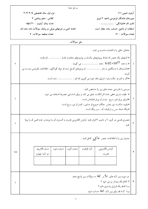 سوالات شیمی 1 ترم اول سال تحصیلی 1405-1404 دبیرستان ماندگار فردوسی تبریز