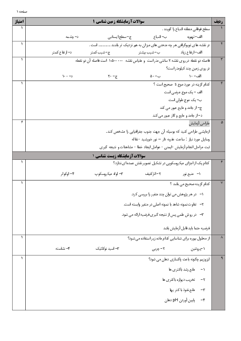 آزمون کتبی مسابقات آزمایشگاه علوم تجربی سطح منطقه پردیس پایه دهم