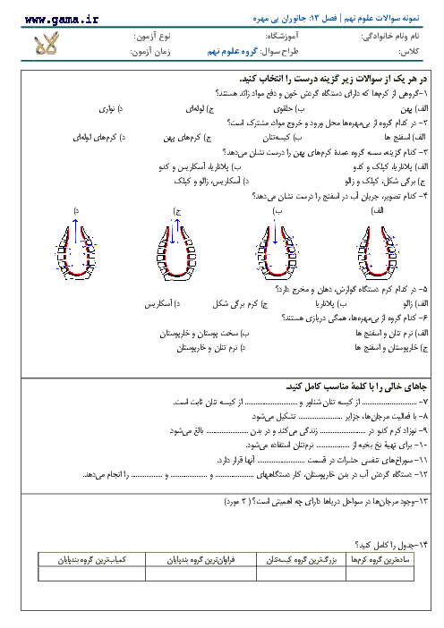  نمونه سوال علوم تجربی پایه نهم با پاسخ تشریحی  | فصل سیزدهم: جانوران بی مهره