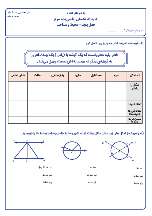 کاربرگ درس 1 فصل 5 ریاضی پایه‌ی سوم | خط، نیم خط و پاره خط