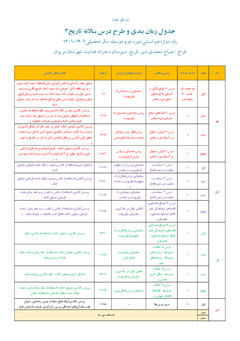 طرح درس سالانه کتاب درسی تاریخ 3 دوازدهم رشته انسانی