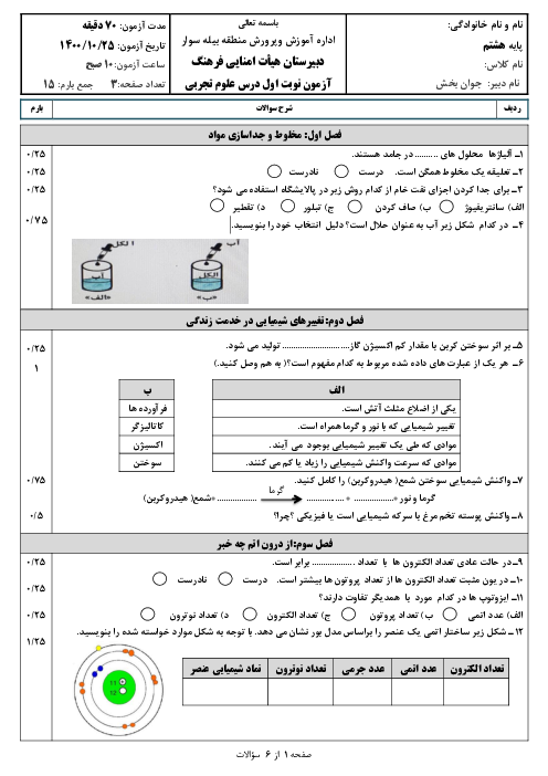 سوالات امتحان نوبت اول علوم تجربی هشتم دبیرستان هیات امنایی فرهنگ | دی 1400