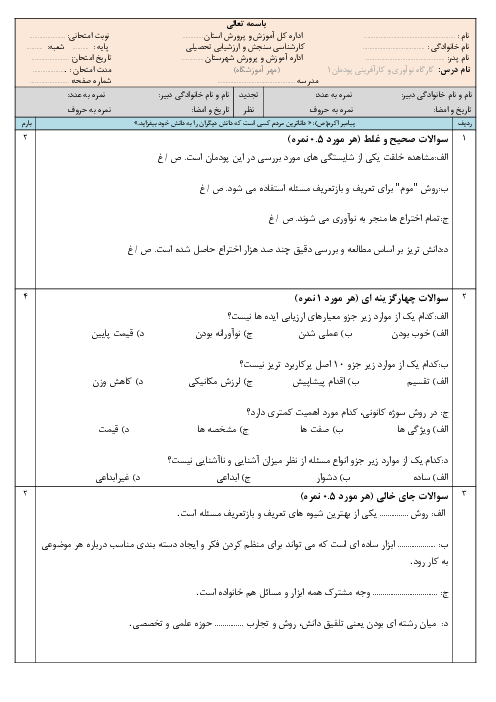 آزمون پودمان 1: حل خلاقانه مسئله‌ها | کتاب درسی کارگاه نوآوری و کارآفرینی